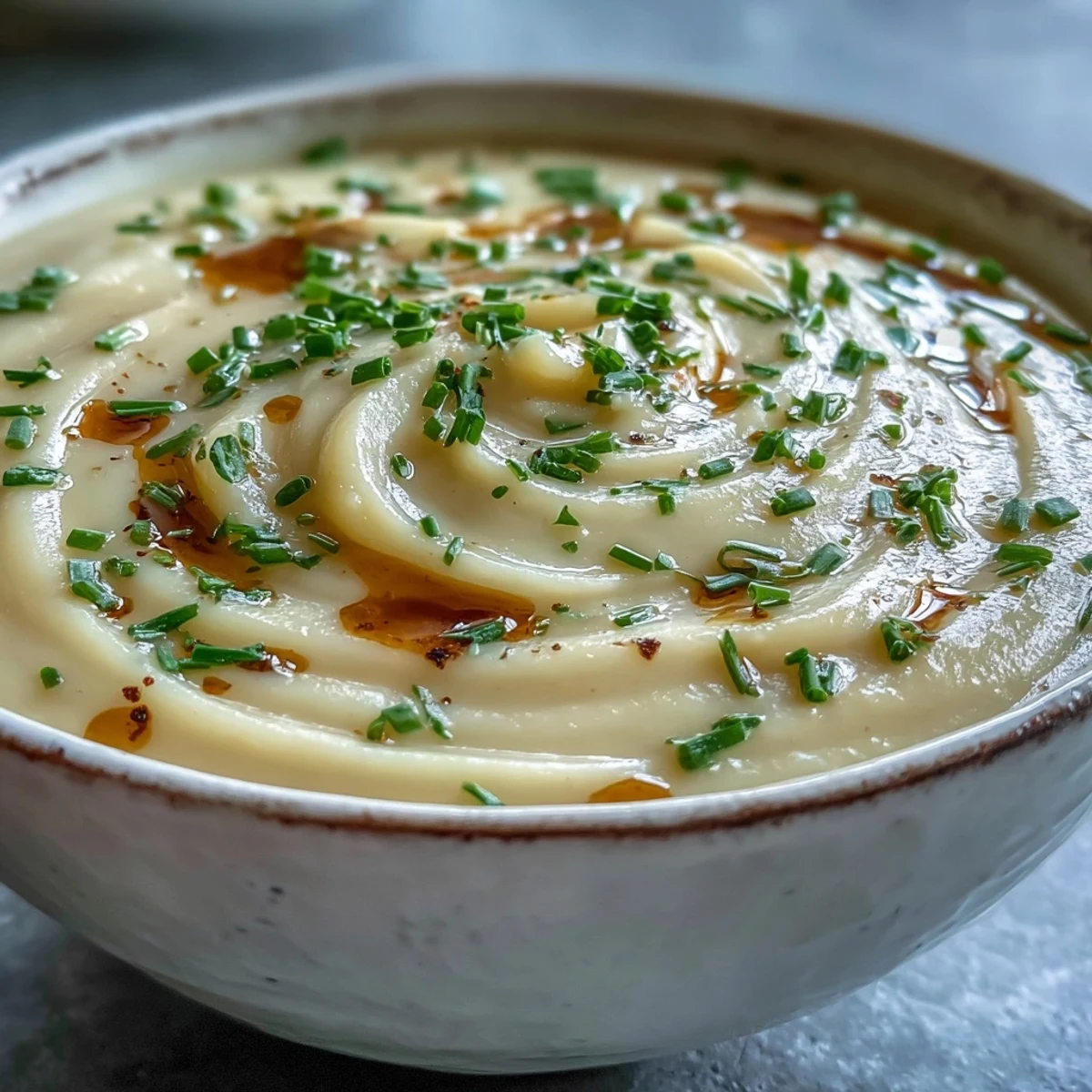 A velvety Creamy Celery Root Bisque with golden drizzled cream, fresh parsley, and a spoon ready to serve as an elegant starter.