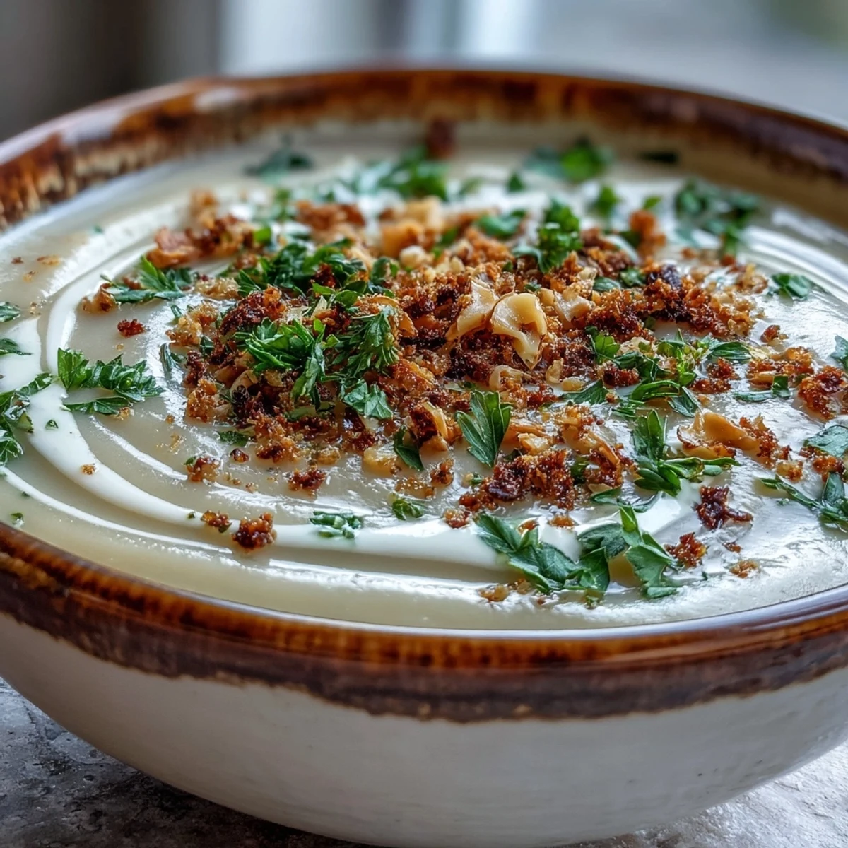 Golden Celeriac Soup With Hazelnut Crumble garnished with chopped hazelnuts and fresh herbs.