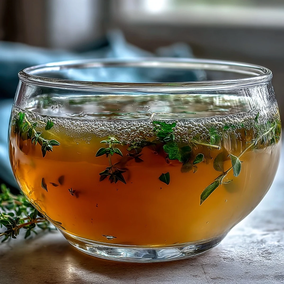 Freshly prepared Vegetable Broth From Scraps served in a rustic bowl with a floating thyme sprig, offering a cozy, savory aroma.