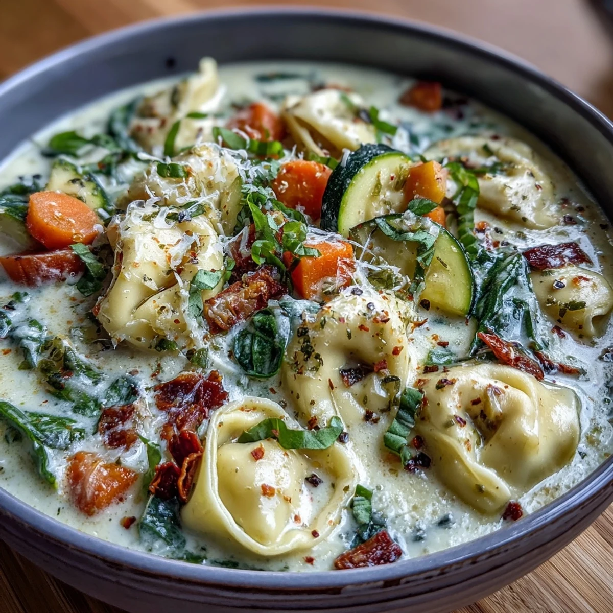 Creamy Vegetable Tortellini Soup steaming in a white bowl, with fresh basil and grated Parmesan on top.