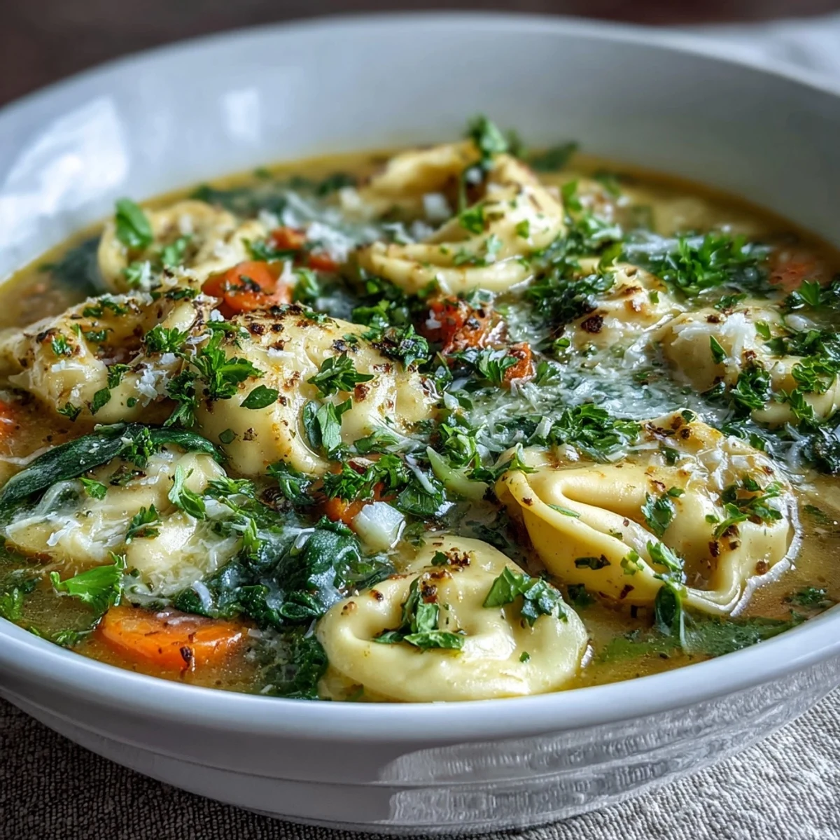 A pot of Easy Tortellini Soup With Chicken Broth simmers on the stove, filled with tender pasta, carrots, and wilted spinach.