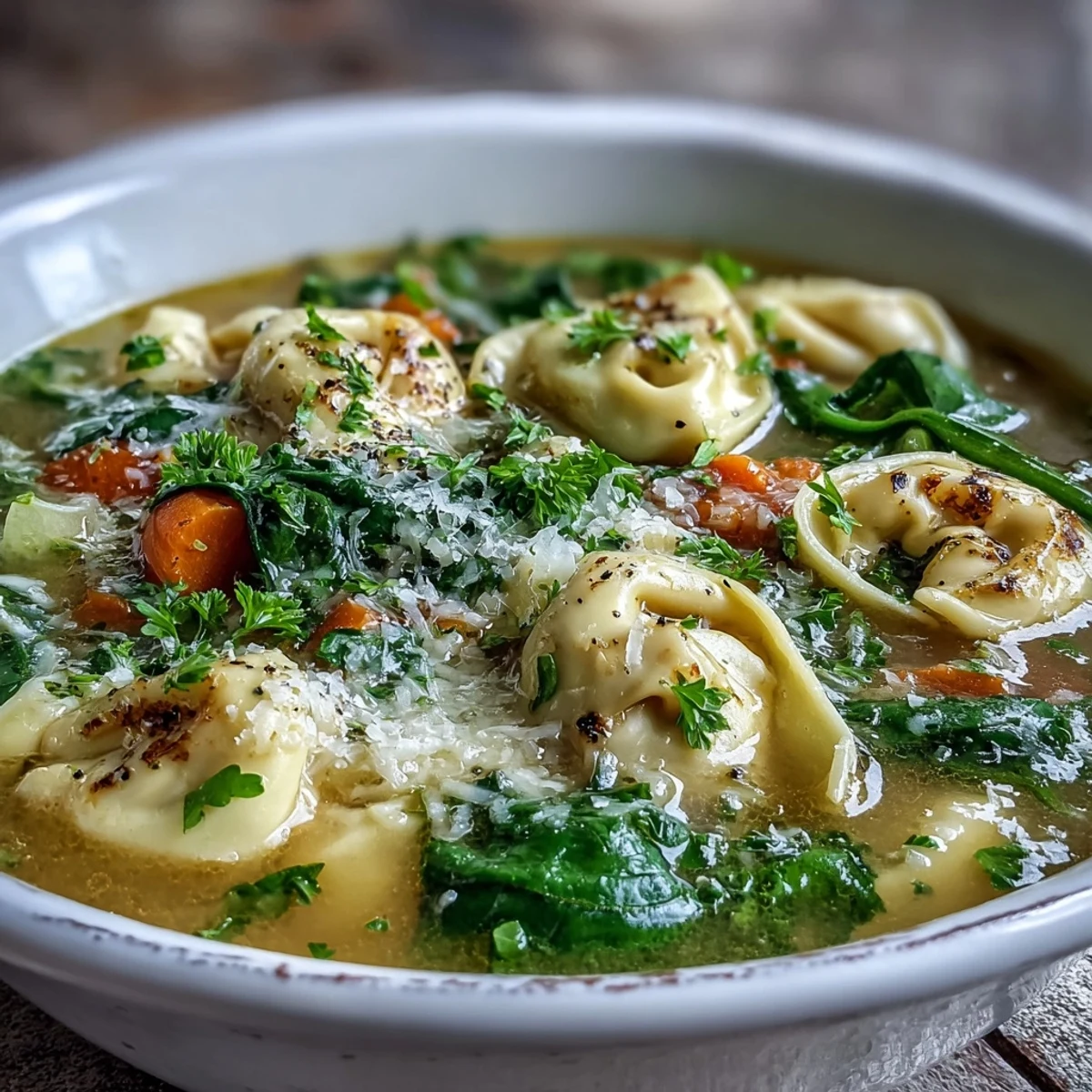 Serving of Easy Tortellini Soup With Chicken Broth with a side of crusty artisan bread, perfect for a cozy winter meal.