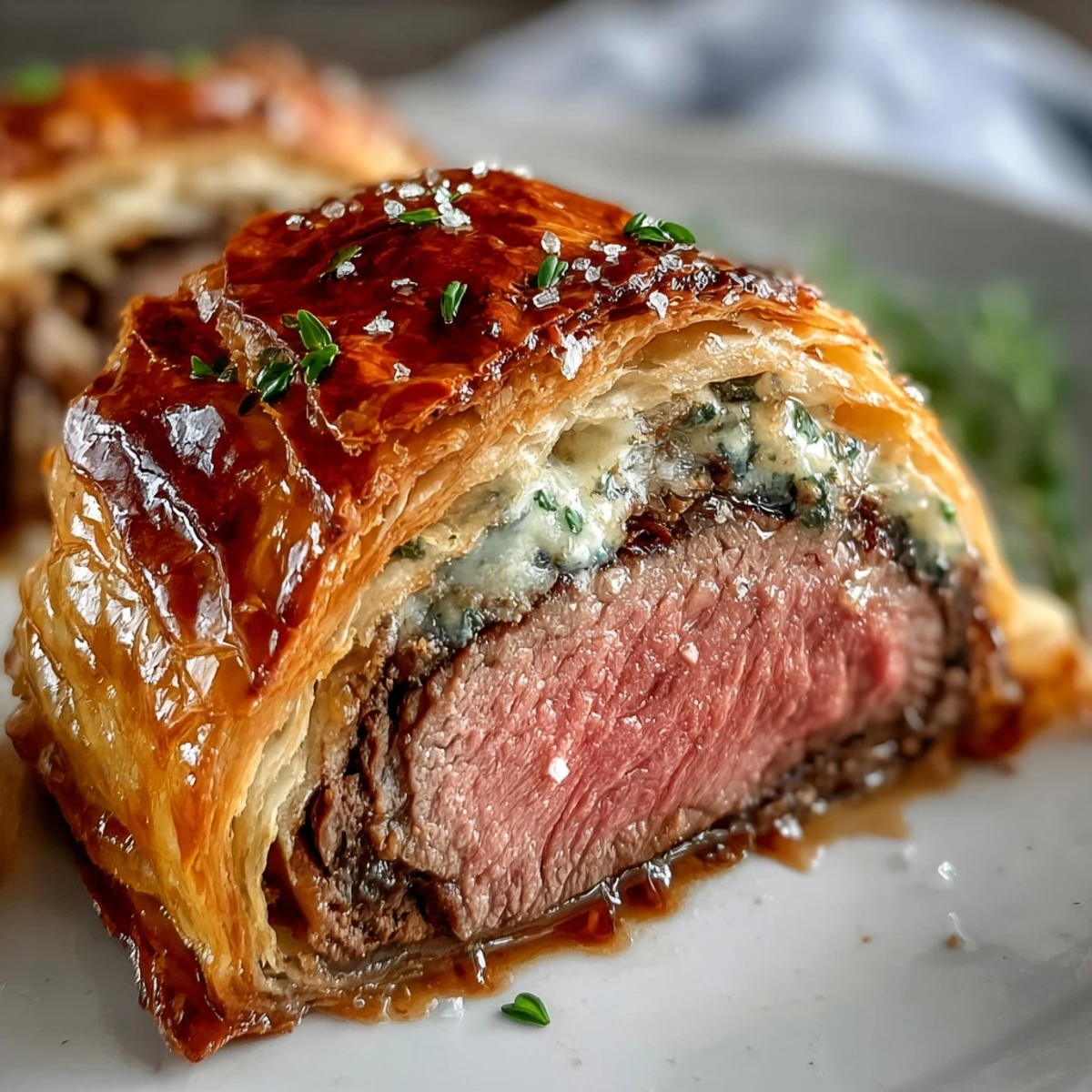 Sliced Beef Wellington showcases juicy, medium-rare tenderloin, aromatic thyme mushrooms, and crisp pastry on a rustic wooden board.  