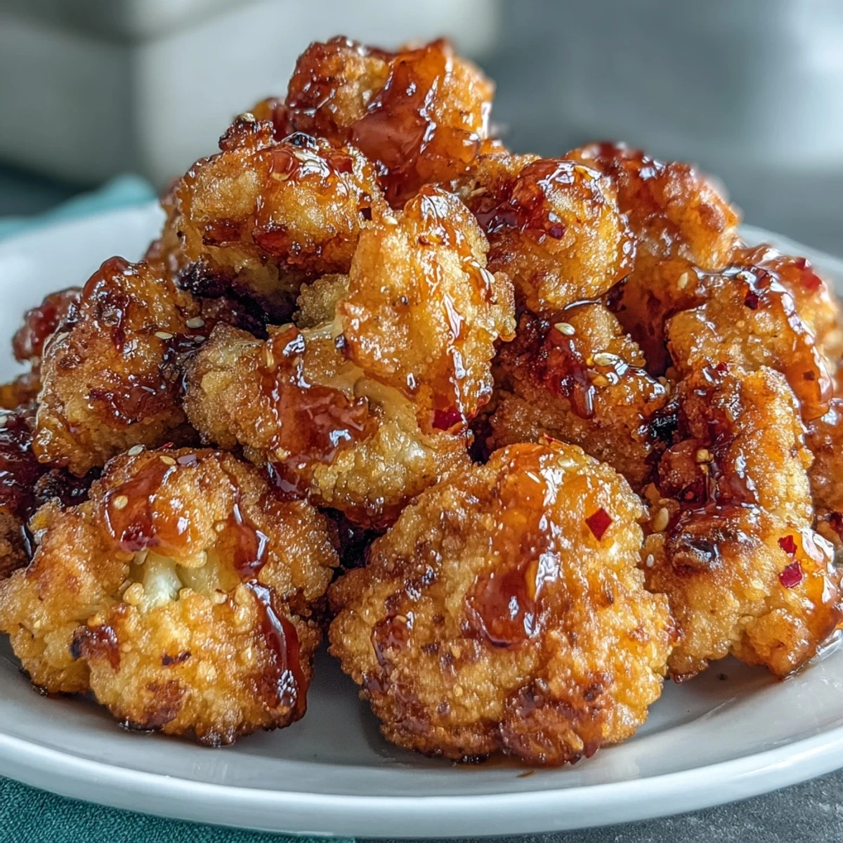 A close-up of crunchy hot honey cauliflower florets, drizzled with spicy honey glaze and garnished with fresh herbs.