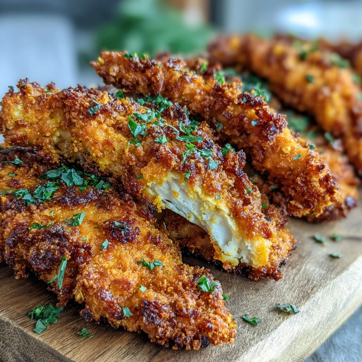 Crispy Turmeric Chicken Tenders piled high on a plate with a golden, crunchy coating and fresh herbs for garnish.  
