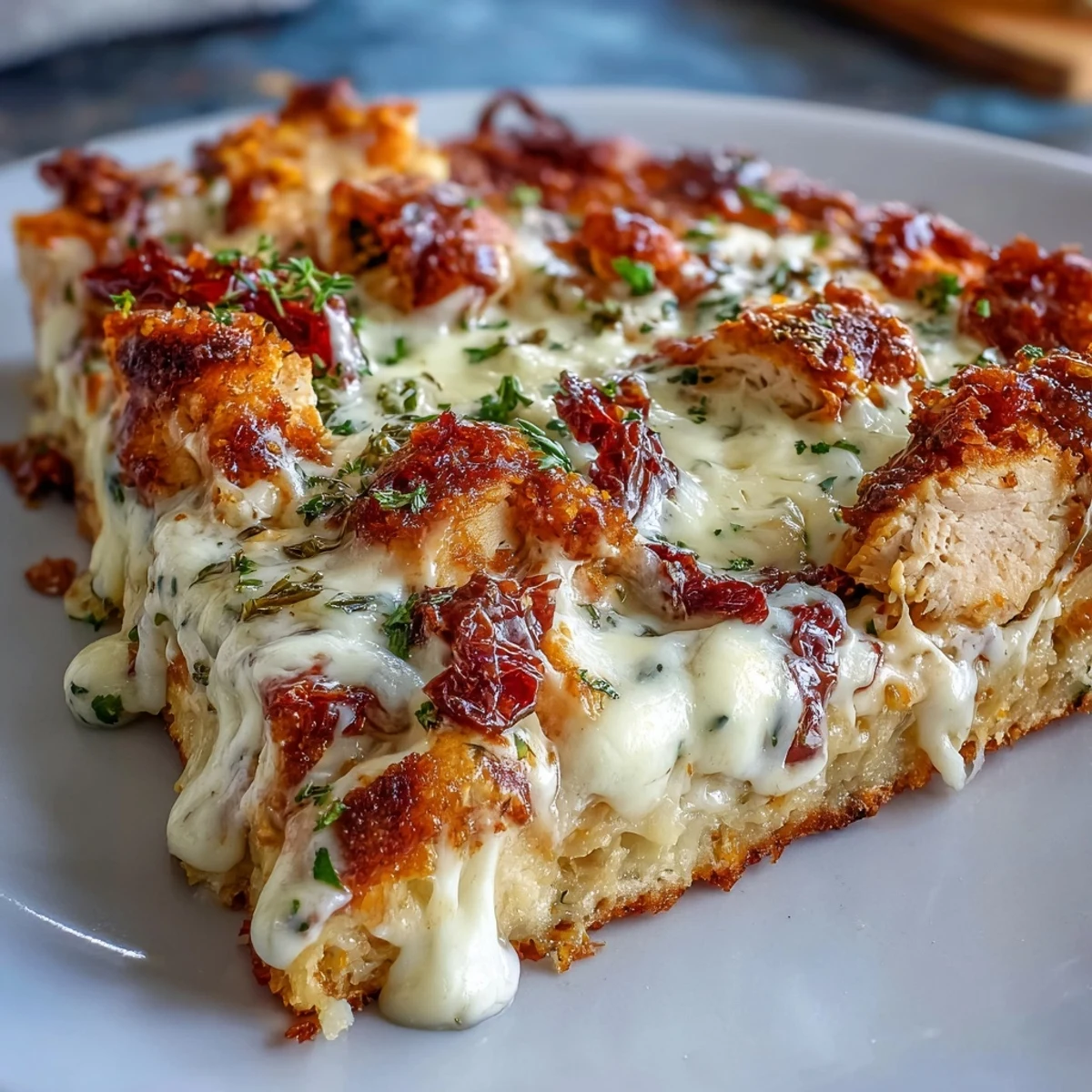 Golden, cheesy slices of Marry Me Chicken Pizza topped with fresh basil, served hot from the oven for a cozy dinner.  