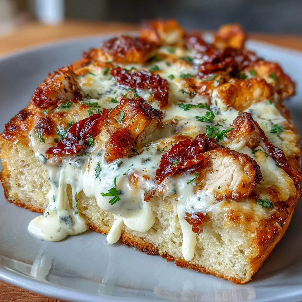 A close-up of Marry Me Chicken Pizza with creamy chicken, sun-dried tomatoes, and melted mozzarella on a golden, crispy crust.  
