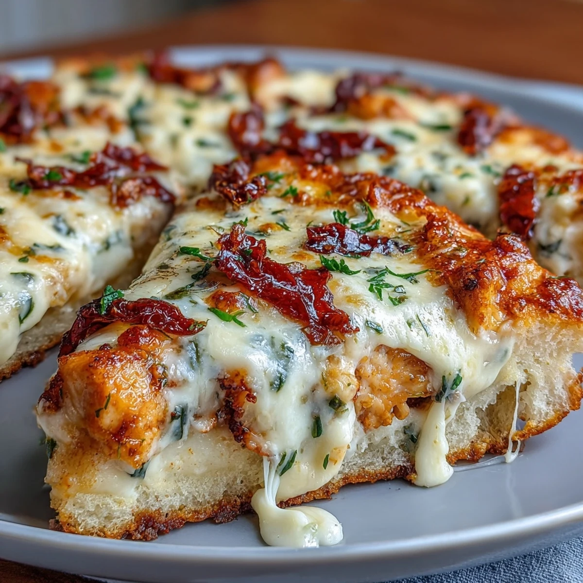 Marry Me Chicken Pizza on a wooden board, featuring tender chicken in a rich sauce with sun-dried tomatoes and herbs.