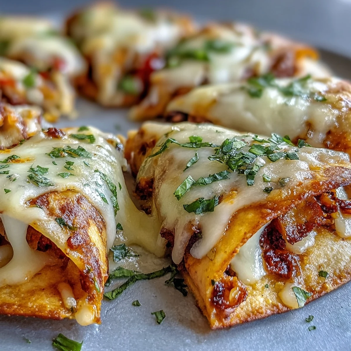 A close-up of the Blooming Quesadilla Ring with melted cheddar and Monterey Jack cheese and diced peppers.