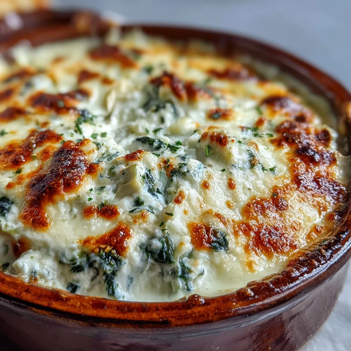 Bubbling golden spinach artichoke dip in a rustic casserole, served with colorful fresh vegetable sticks.