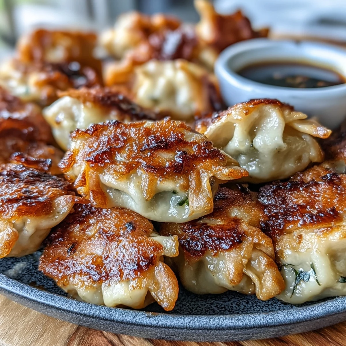 A close-up of golden, crispy-bottomed Smash Dumplings sizzling in a skillet, steam rising from the perfectly pan-fried, juicy pork-filled appetizer.