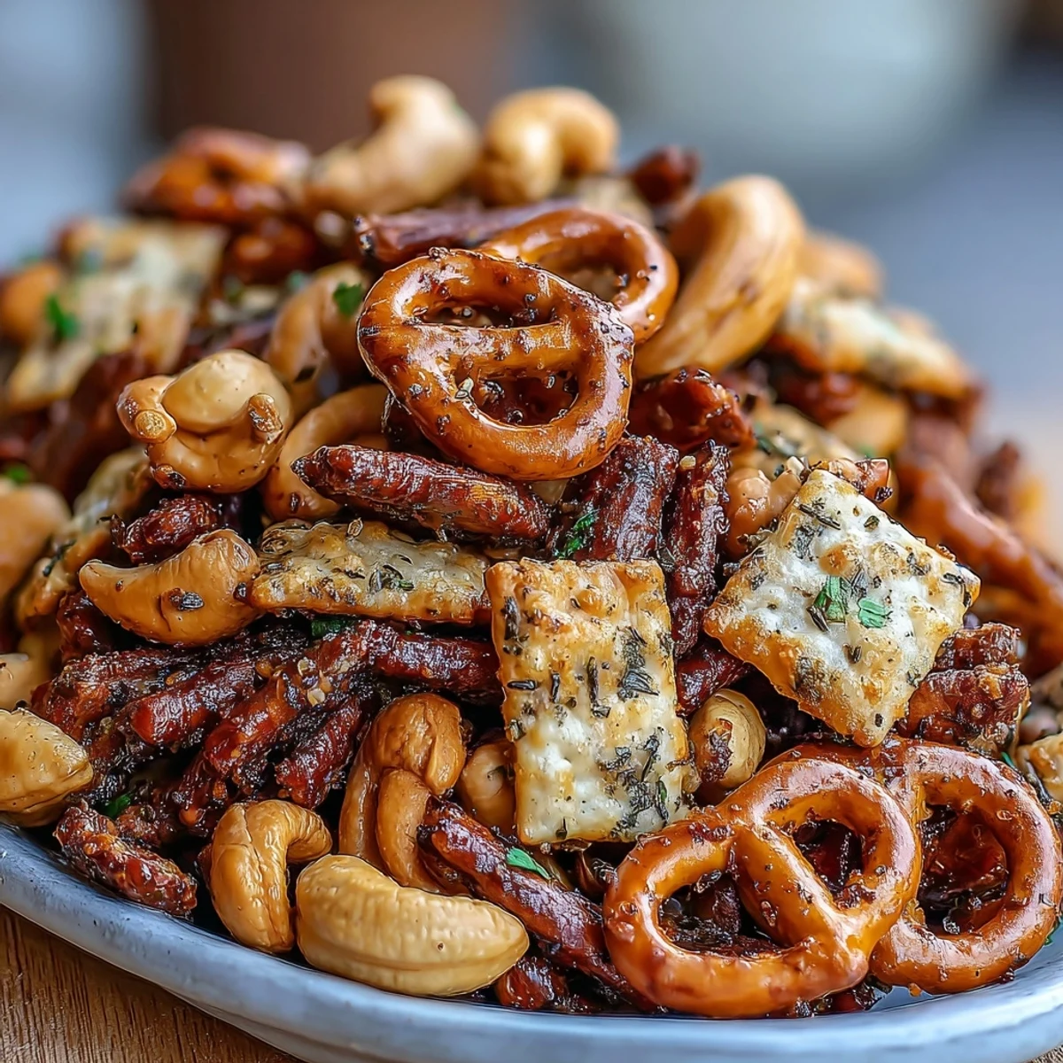 Golden-brown Everything Ranch Cheese and Pretzel Snack Mix cooling on a parchment-lined tray, showcasing crunchy pretzels, cheese crackers, and cashews.