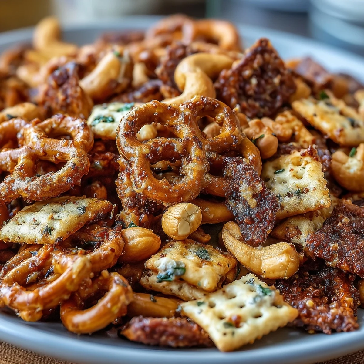 Freshly baked Everything Ranch Cheese and Pretzel Snack Mix glistening with melted butter, ranch seasoning, and everything bagel spice blend.