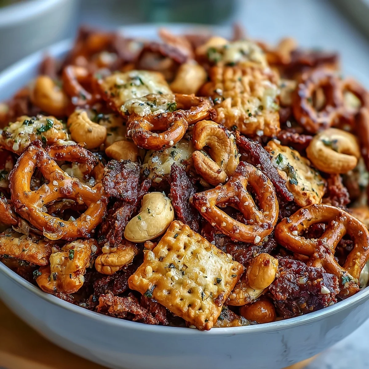 Savory Everything Ranch Cheese and Pretzel Snack Mix in a serving bowl, perfect for game day parties or casual snacking.