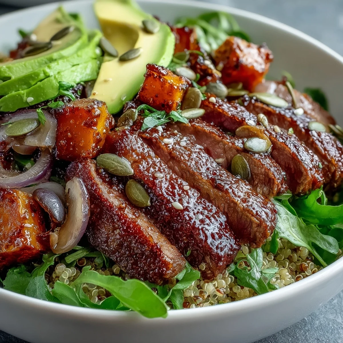 Sizzling flank steak slices and creamy avocado nestled in butternut squash steak bowls with greens.