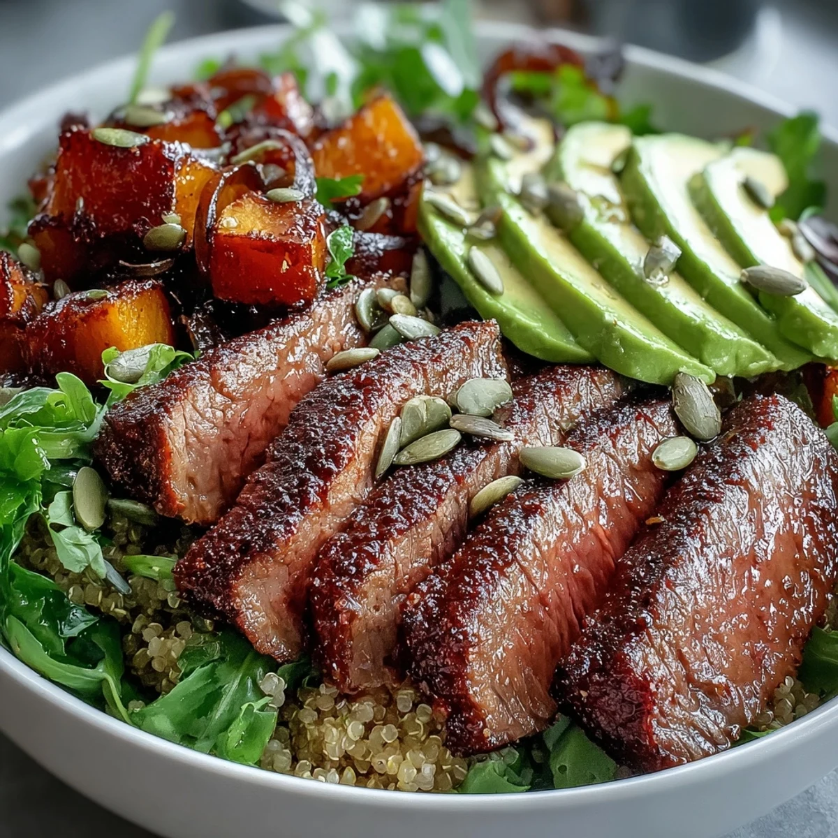 Golden-roasted butternut squash steak bowls with quinoa, avocado, and pepitas on a marble board.