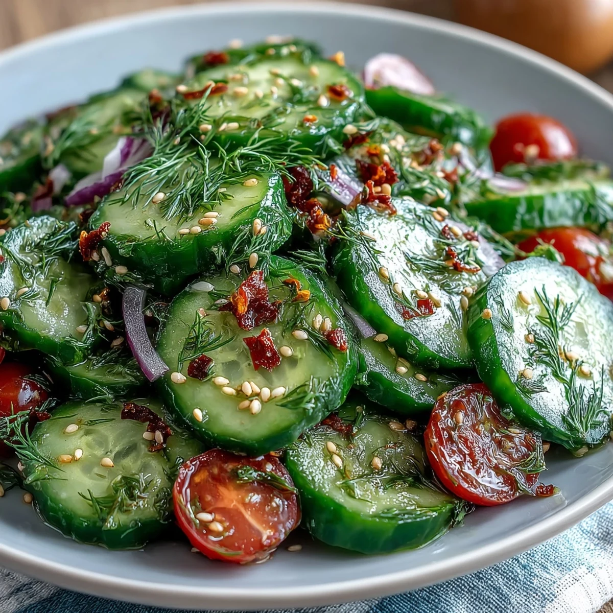 A close-up view of the Refreshing Crunchy Cucumber Salad, garnished with sesame seeds and chopped herbs next to a chilled serving fork.