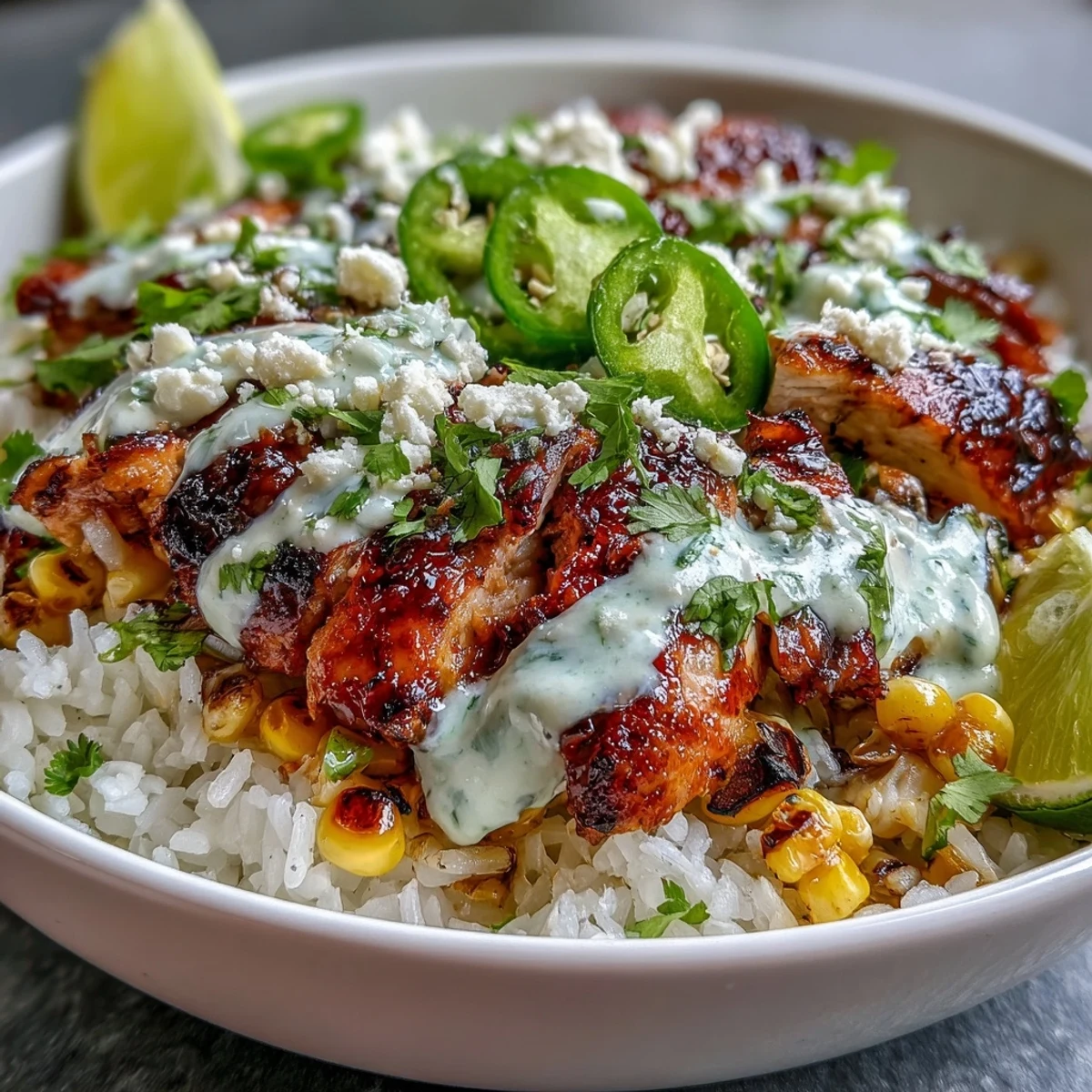 Sliced citrus-marinated chicken thighs rest on fluffy rice with smoky charred corn, topped with cotija and zesty crema in this Street Corn Chicken and Rice Bowls.