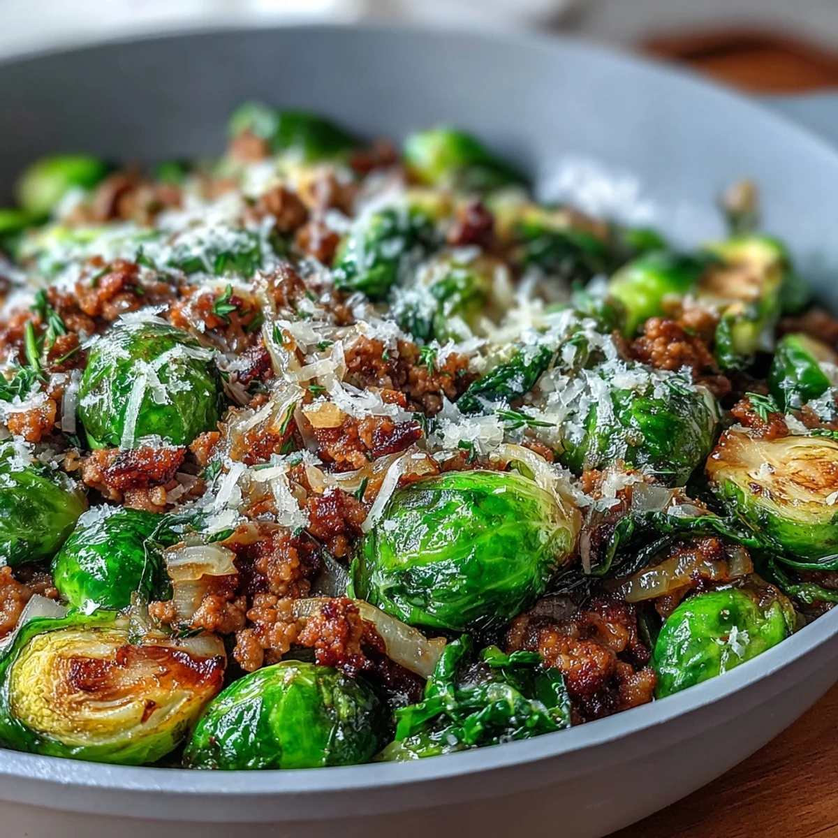 Golden-brown Brussels sprouts with crisp edges and savory ground turkey sizzle together in a skillet.