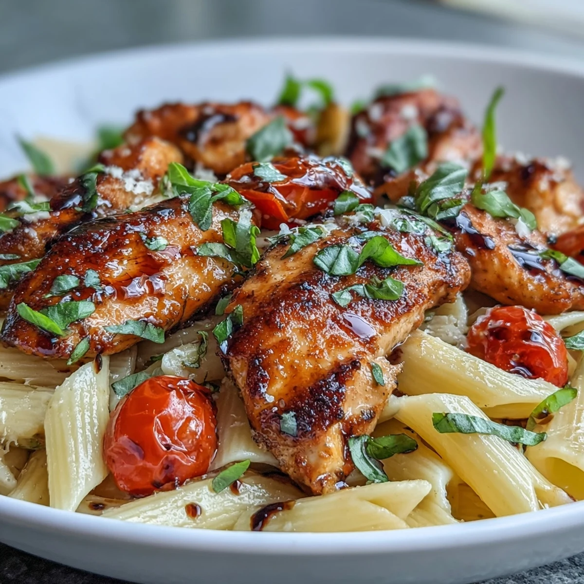 Golden seared chicken and al dente penne tossed with juicy cherry tomatoes in Bruschetta Chicken Pasta.