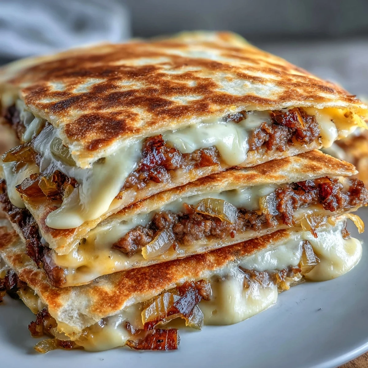 Steam rises from a warm slice of Cheesy Griddled Smashburger Quesadillas, highlighting the juicy beef layers and golden crust.