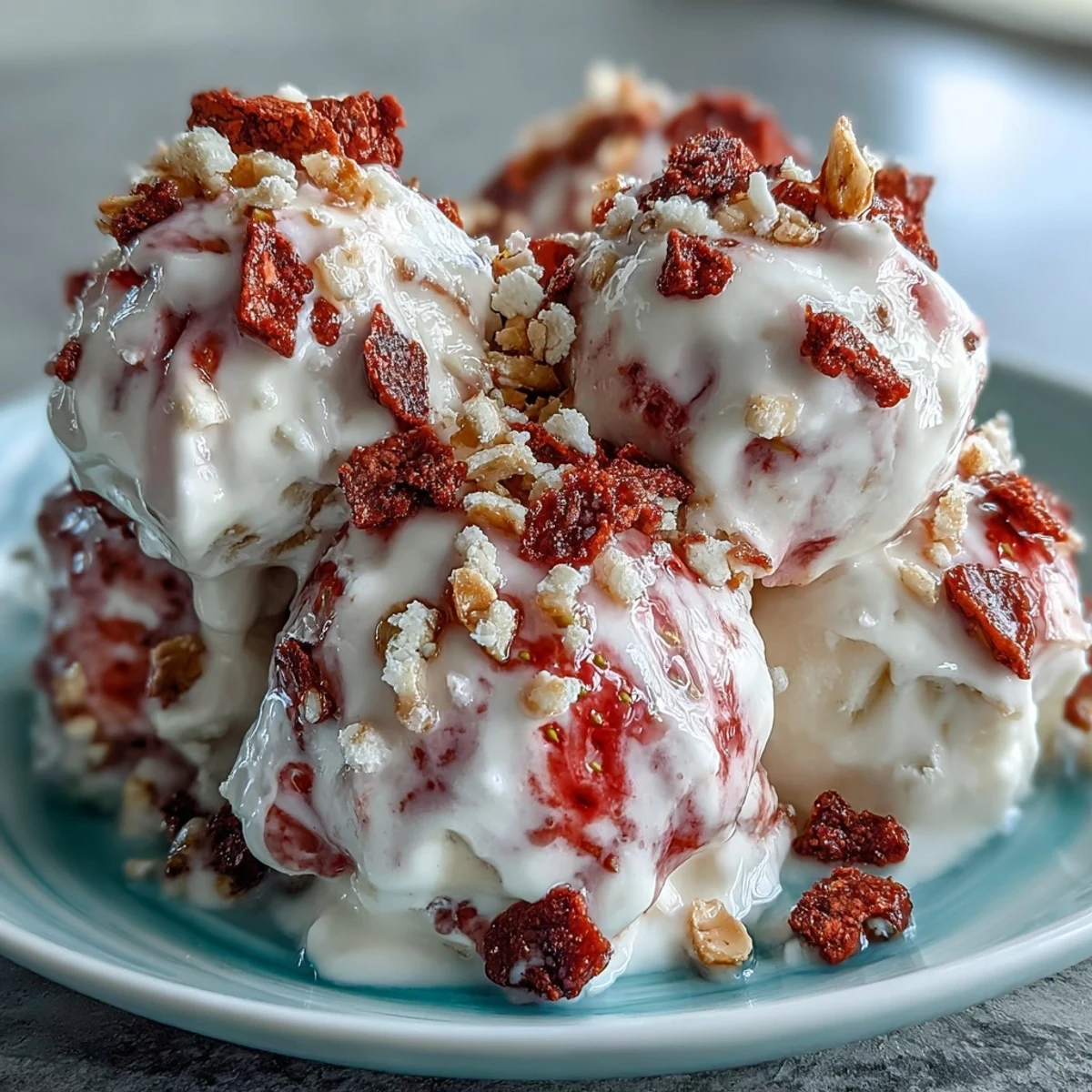 Served on a chilled plate, these Strawberry & Banana Yoghurt Clusters feature a honey-drizzled swirl. The texture is creamy yet crunchy, highlighting the contrast between the smooth yogurt base and the crisp fruit mix-ins.