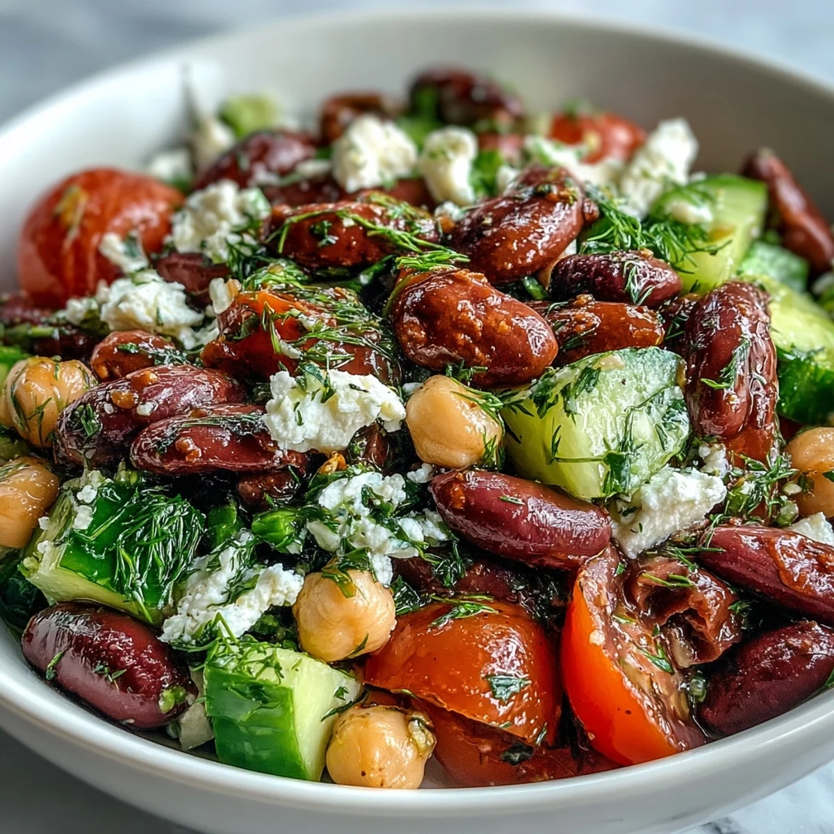 Close-up of Greek Bean Salad with Lemon Marinated Beans, feta crumbles, and ripe cherry tomatoes on a rustic plate.