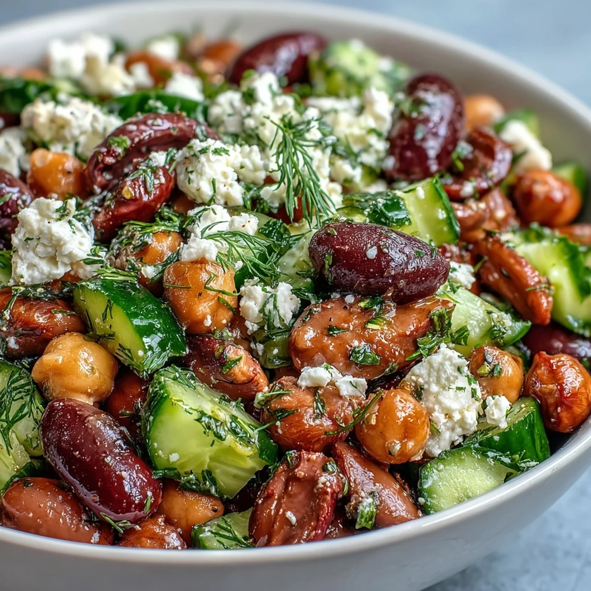 Healthy Greek Bean Salad with Lemon Marinated Beans tossed with fresh dill and parsley, perfect for a light lunch.