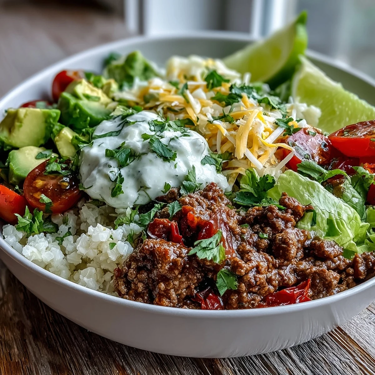 Colorful Low Carb Burrito Bowl loaded with seasoned ground beef, cauliflower rice, tomatoes, cheddar cheese, and fresh cilantro.
