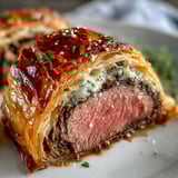 Sliced Beef Wellington showcases juicy, medium-rare tenderloin, aromatic thyme mushrooms, and crisp pastry on a rustic wooden board.  