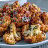 Sizzling hot honey cauliflower bites arranged on a parchment-lined baking sheet, fresh from the oven and ready to serve.  