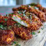 A close-up view of golden-brown Crispy Turmeric Chicken Tenders resting on a parchment-lined baking sheet.  