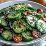 A close-up view of the Refreshing Crunchy Cucumber Salad, garnished with sesame seeds and chopped herbs next to a chilled serving fork.
