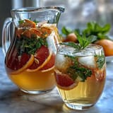 Vibrant white grape citrus sangria mocktail with strawberries, lime, and sparkling water, served over ice.  