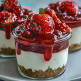 Creamy cheesecake mixture layered over buttery graham cracker base, topped with vibrant strawberry compote in jars.