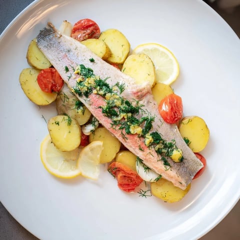 Golden-brown One-Tray Baked Trout, glistening with herbs and served with roasted potatoes and tomatoes.