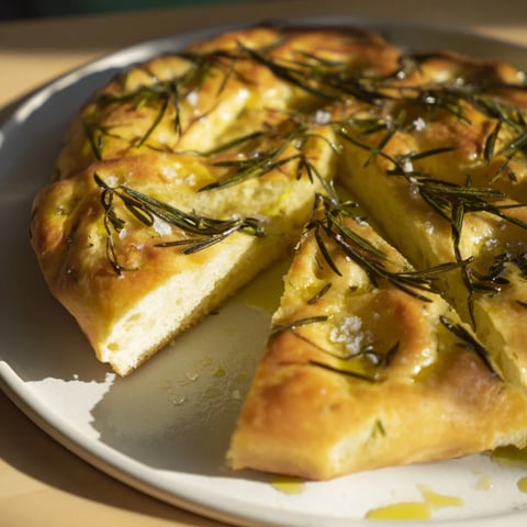 Golden-brown Simple Homemade Focaccia with rosemary and sea salt, ready to serve with olive oil.