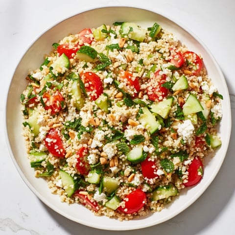 A close-up of a colorful Tabbouleh Grain Bowl brimming with fresh herbs and bright vegetables.