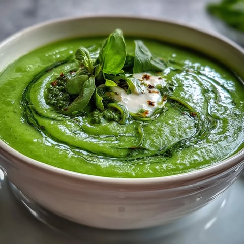 This vibrant green bowl of Courgette, Pea and Pesto Soup features a creamy texture and a swirl of fresh basil pesto on top.