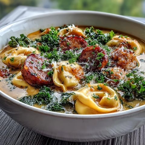 Creamy pumpkin tortellini soup with chicken sausage and kale served hot in a rustic white bowl with a spoon.