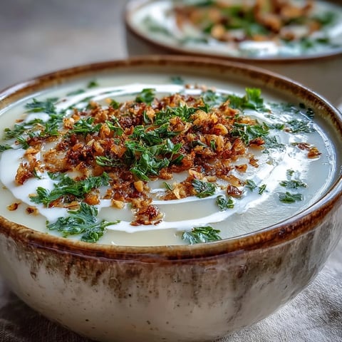 A bowl of velvety Celeriac Soup With Hazelnut Crumble garnished with fresh parsley.
