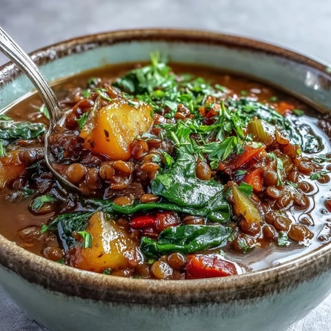 A bowl of steaming Vegetarian Lentil Stew, packed with tender lentils, carrots, and kale, topped with fresh parsley and lemon.