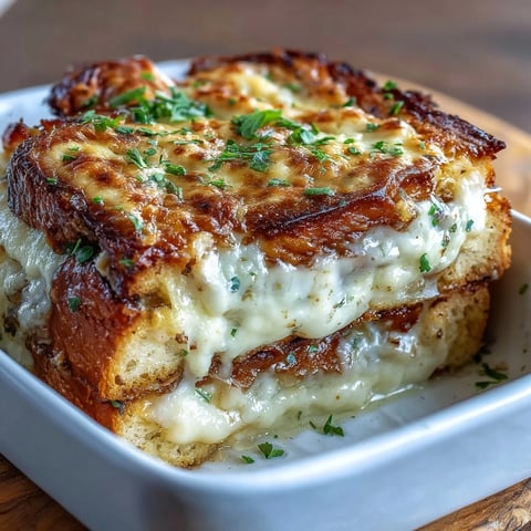Golden-brown layers of Croque Monsieur Casserole with melted Gruyère and a creamy béchamel topping, baked until bubbly in a rustic dish.