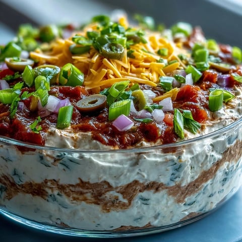 Freshly prepared 4-Way Layered Dip with beans, creamy sour cream, and vibrant salsa, topped with cheese and green onions.