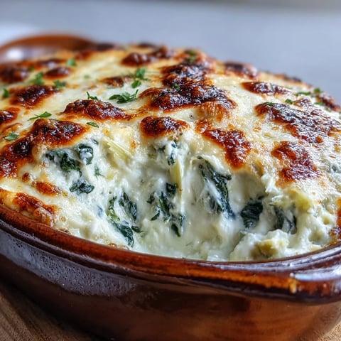 Steaming, golden spinach artichoke dip bubbling in a baking dish, ready to serve with sturdy tortilla chips.