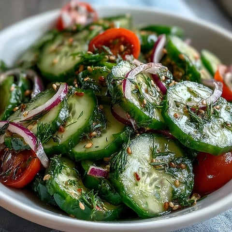 Vibrant bowl of the Refreshing Crunchy Cucumber Salad, featuring crisp cucumber slices, red onion, and fresh dill in a tangy dressing.