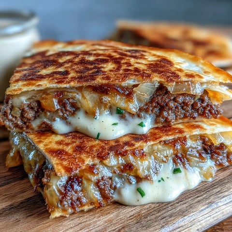 Golden-brown Cheesy Griddled Smashburger Quesadillas sit sliced on a wooden board, showcasing melted cheddar and American cheese pulling away from the crispy edges. 