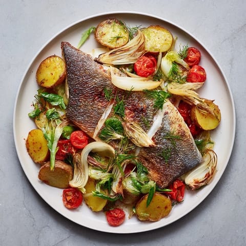 This image shows a complete One-Tray Baked Trout dish, fragrant and ready for a delicious pescatarian meal.