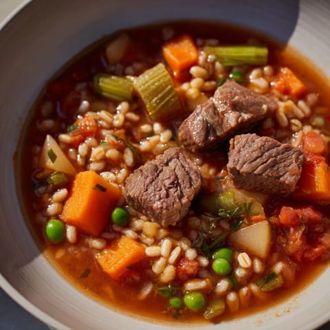Savory One-Pot Hearty Beef and Barley Soup showcases tender beef, barley, and fresh vegetables simmered.