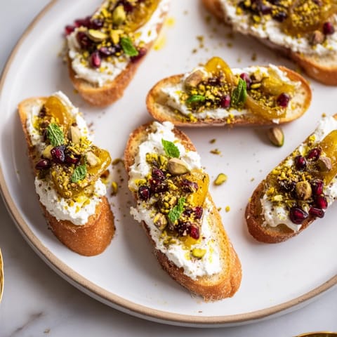 Toasted baguette slices topped with creamy goat cheese and sweet pomegranate, creating delicious crostini.